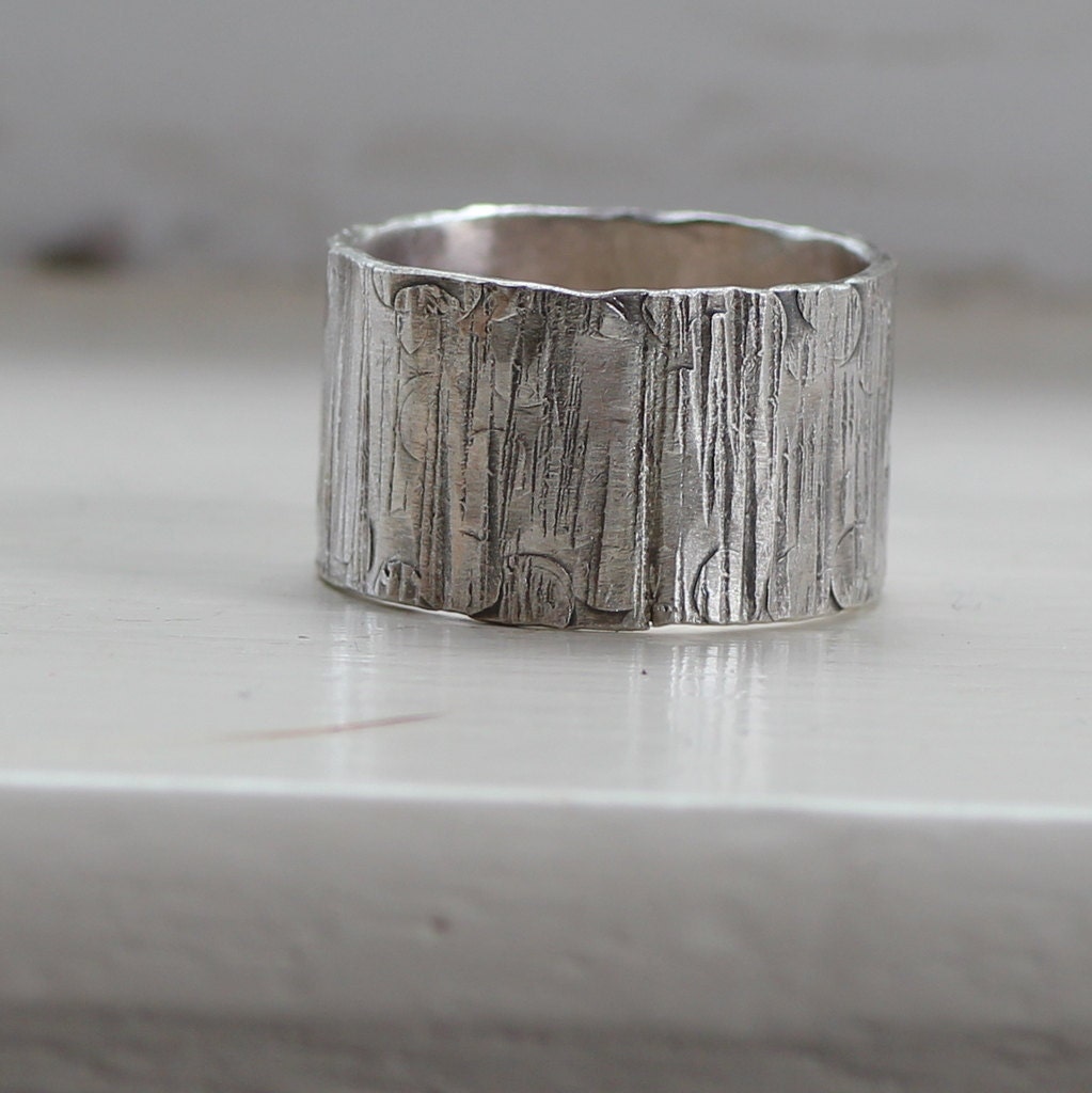 Mens Ring Wood Grain on Sterling Unique Wedding Ring Tree Bark