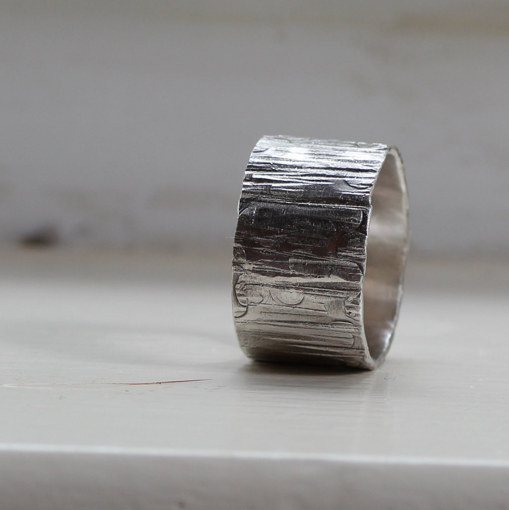 Mens Ring Wood Grain on Sterling Unique Wedding Ring Tree Bark