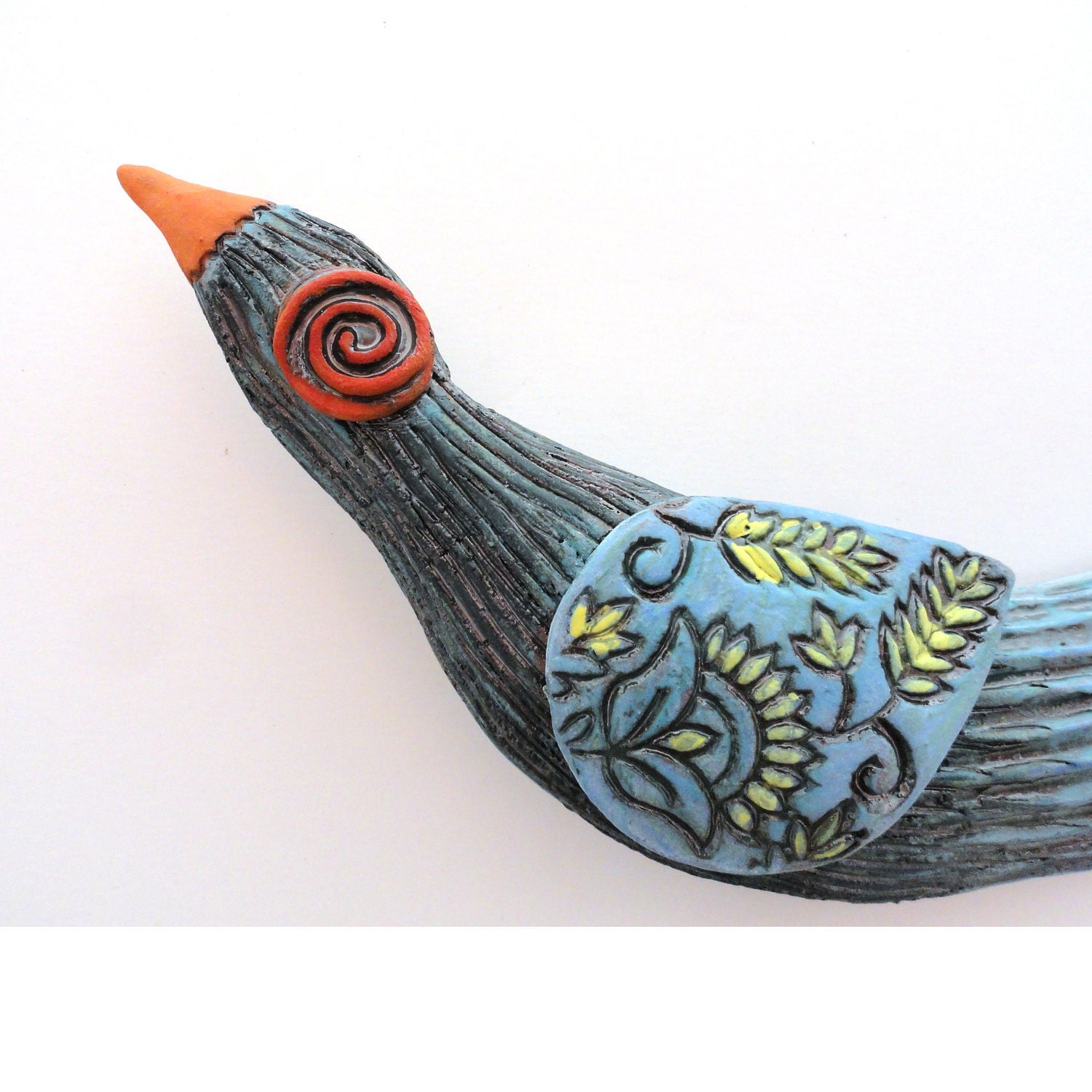 Tuquoise /Blue Bird of Paradise Ceramic Wall Sculpture with red spiral eye
