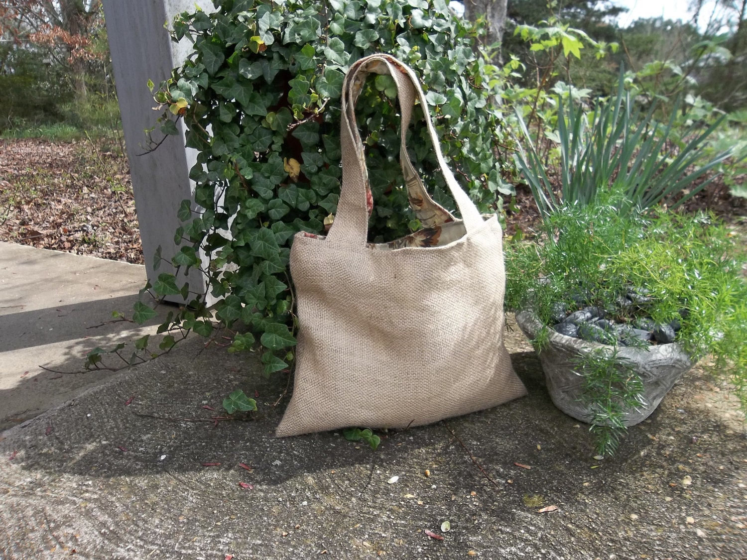 Burlap Tote Bag Reversible French Farmhouse Market Bag French Country Chic Shabby Pink Roses Organic Fabric Eco Friendly