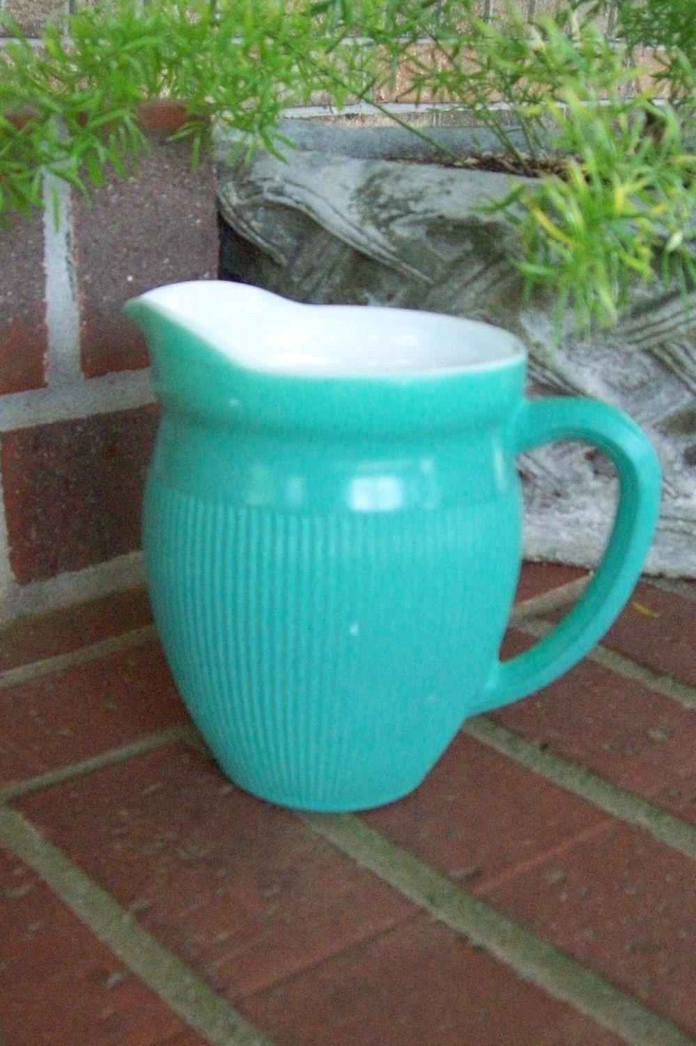 Vintage Milk Glass Pitcher Turquoise White Shabby Chic Vase Farmhouse Treasury Item