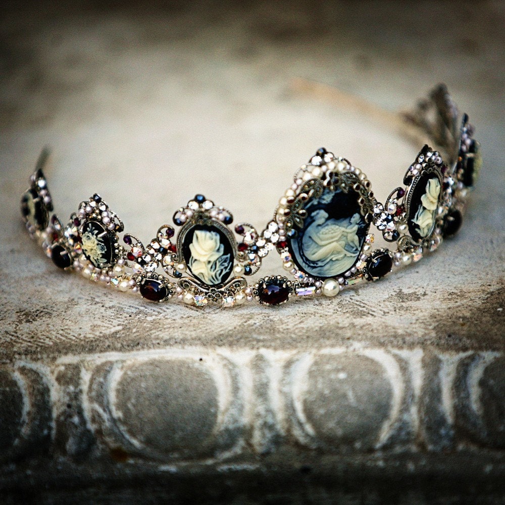 Drusilla tiara - Gothic headpiece, marcasite, garnet, cameo, pearls, rhinestones
