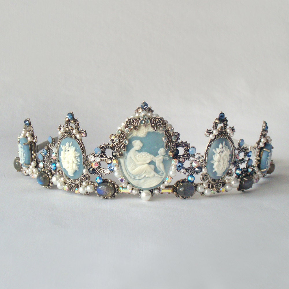 Drusilla Blue tiara - Gothic headpiece, marcasite, blue topaz, labradorite, cameo, pearls, rhinestones
