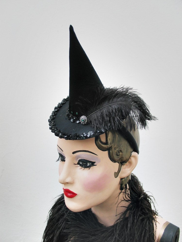 Witch Hat , Black Feather Fascinator, Halloween Costume, Burlesque, Black Green, Any Color, Custom, Batcakes Couture