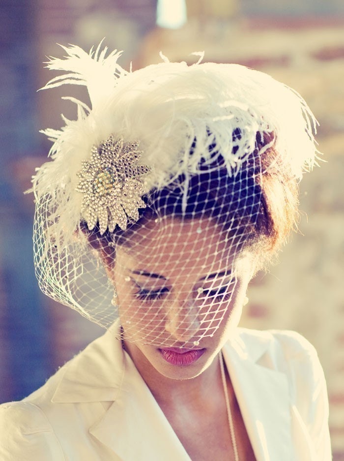 Birdcage Veil, Feather Fascinator, Bridal Hair Accessory, Head Piece, Wedding Veil, Swarovski Crystal, Flower, Blusher Veil, Ivory White