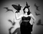 Black Feather Fascinator, Black Birdcage Veil, Taxidermy Bird Hat, Retro , 1940s Style, High Fashion, Batcakes Couture - BatcakesCouture