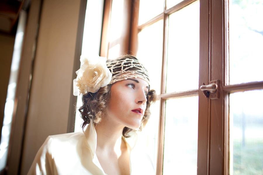 Wedding Veil, Ivory White Veil, Fascinator, Custom, Crochet,  Bridal Veil , Silk Flower, Champagne, Real Thirties Pattern- Batcakes Couture