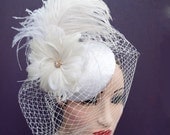 Weddings, Ivory Birdcage Veil, Feather Fascinator, Bridal Hat, Feather Flower, Swarovski Crystal, Victorian, High Fashion, Batcakes Couture