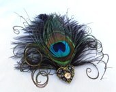 Weddings, Accessories, Peacock Feather Fascinator, Bridesmaid, Hair Clip, Black, Gold, Heart, Batcakes Couture