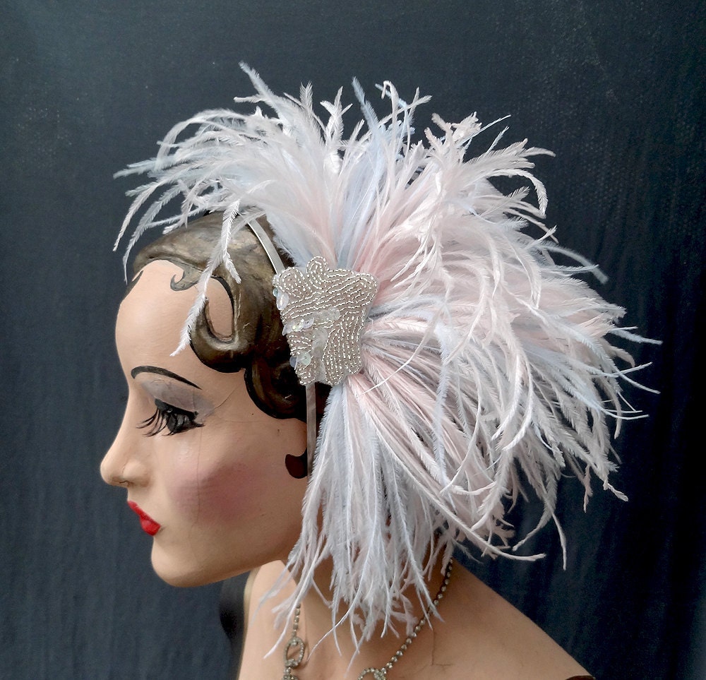 Weddings, Ivory Feather Fascinator, Hair Accessory, Headband, Beaded, Adjustable, Clip, Pale Pink, Costume, Batcakes Couture