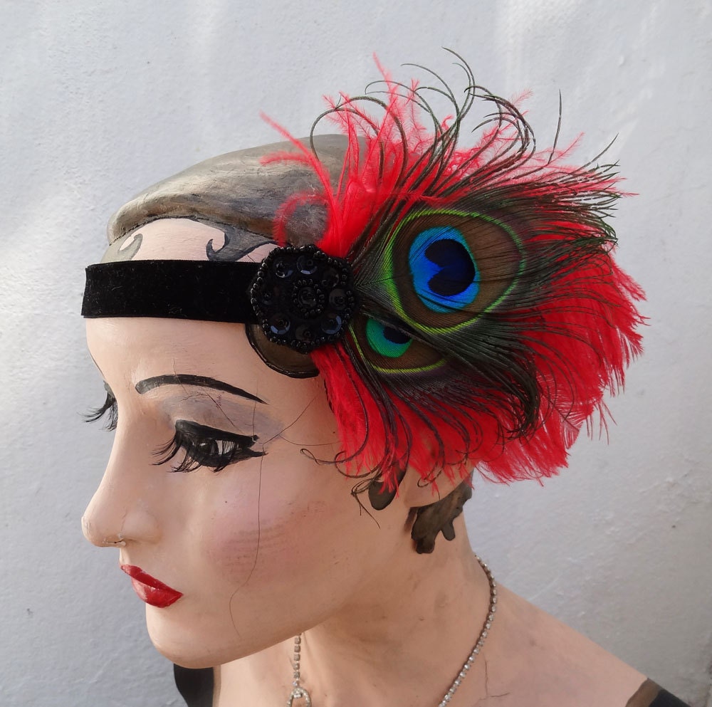 Peacock Feather Fascinator, Headband, Women's Hair Accessory, Red Feather, Black Beaded, Retro Head Piece, Velvet, Batcakes Couture