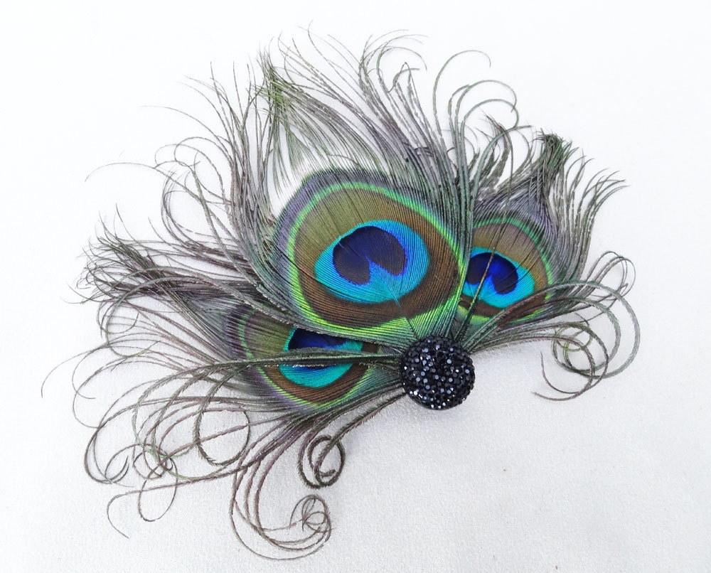Peacock Feather Fascinator, Hair Accessory, Bridesmaids, Head Piece, Hair Clip, Victorian, Jet Black, Batcakes Couture