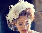 Swarovski Crystal Birdcage Veil, Feather Fascinator, Bridal Hair Accessory, Head Piece, Wedding Veil, Flower, Blusher Veil, Ivory White