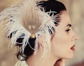 Peacock Feather Fascinator, Hair Accessory, Bridal Head Piece, Ivory White, Champagne, Swarovski Crystal, Pearl, Gold, Batcakes Couture
