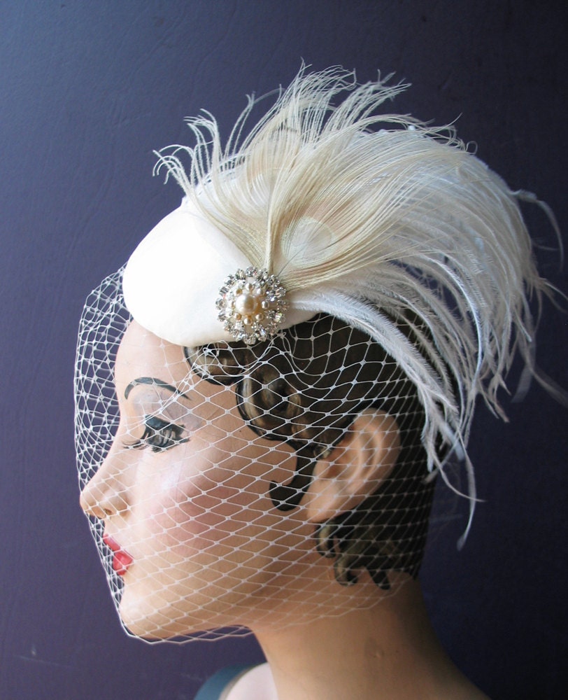 Weddings, Ivory Birdcage Veil, Bridal Hat, White Peacock, Feather Fascinator, Pearl, Crystal Center - Batcakes Couture