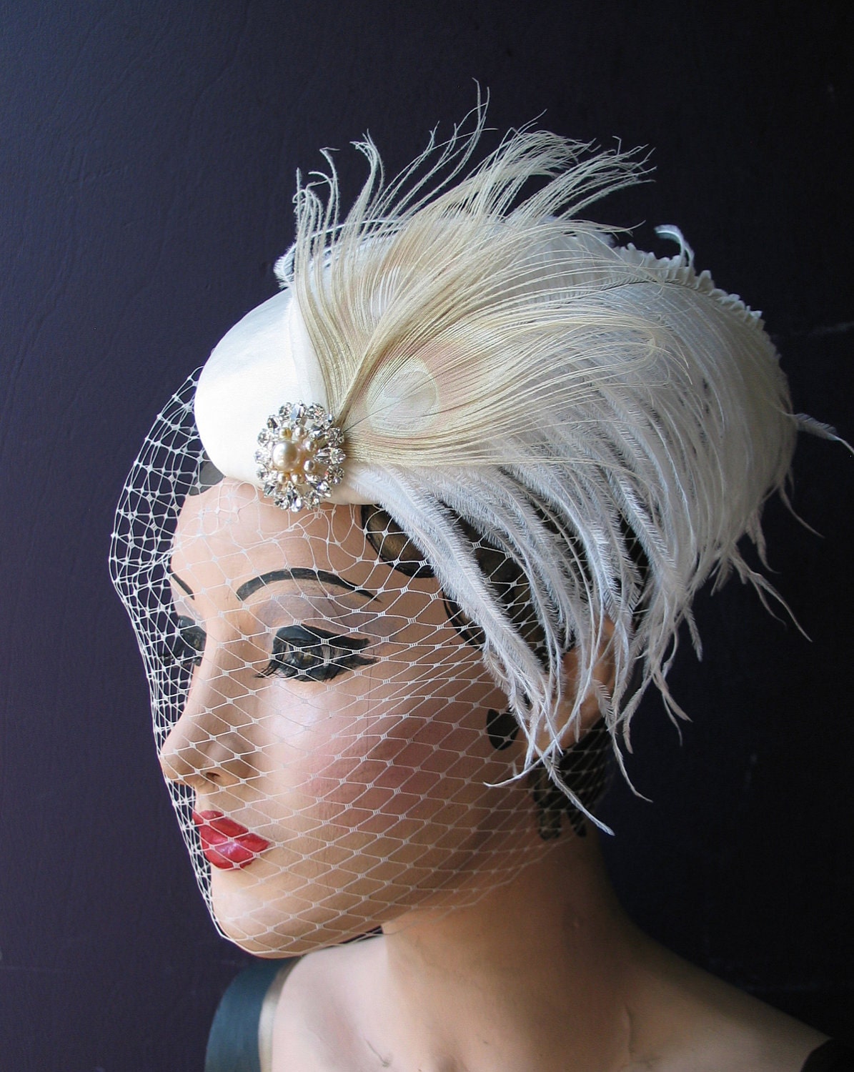 Weddings, Ivory Birdcage Veil, Bridal Hat, White Peacock, Feather Fascinator, Pearl, Crystal Center - Batcakes Couture