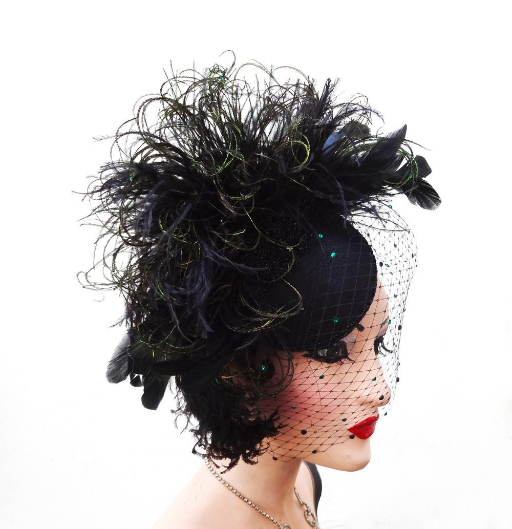 Black Birdcage Veil, High Fashion, Peacock Feather Fascinator, Cocktail Hat, Large Black Puff Ostrich, Weddings, Batcakes Couture
