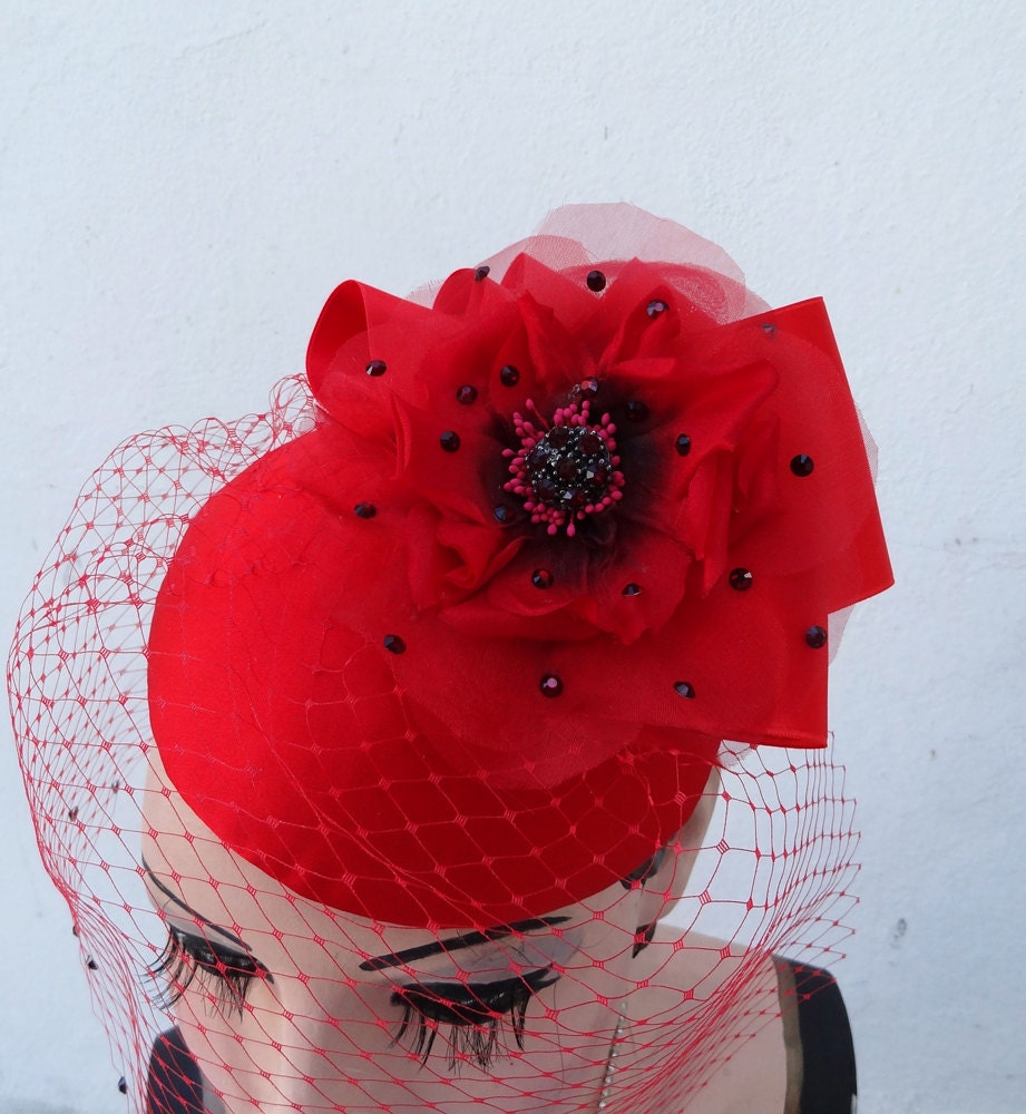 Weddings, Red Hat, Fascinator, Birdcage Veil, Poppy, Rose, Flower ,Cocktail Hat, Ribbon, Bow Swarovski Crystal, Batcakes Couture