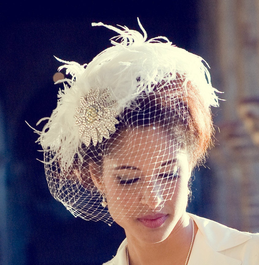 Birdcage Veil, Feather Fascinator, Bridal Hair Accessory, Head Piece, Wedding Veil, Swarovski Crystal, Flower, Blusher Veil, Ivory White