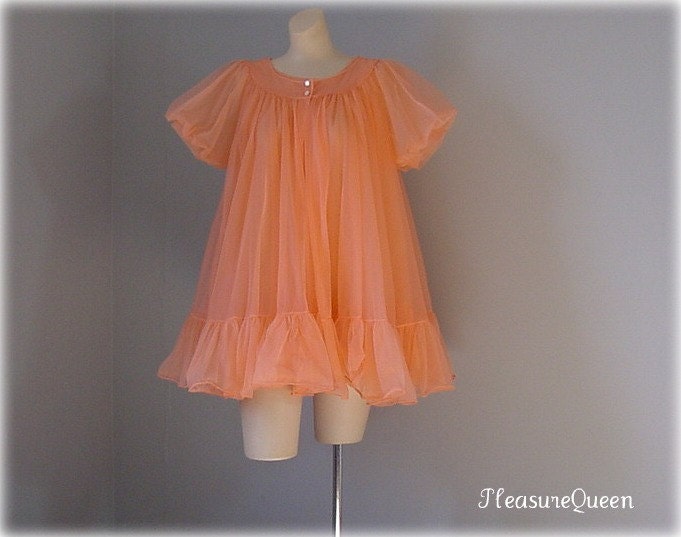 Rosy Peach Full Chiffon Texsheen Babydoll Peignoir Set 60s Vintage Medium
