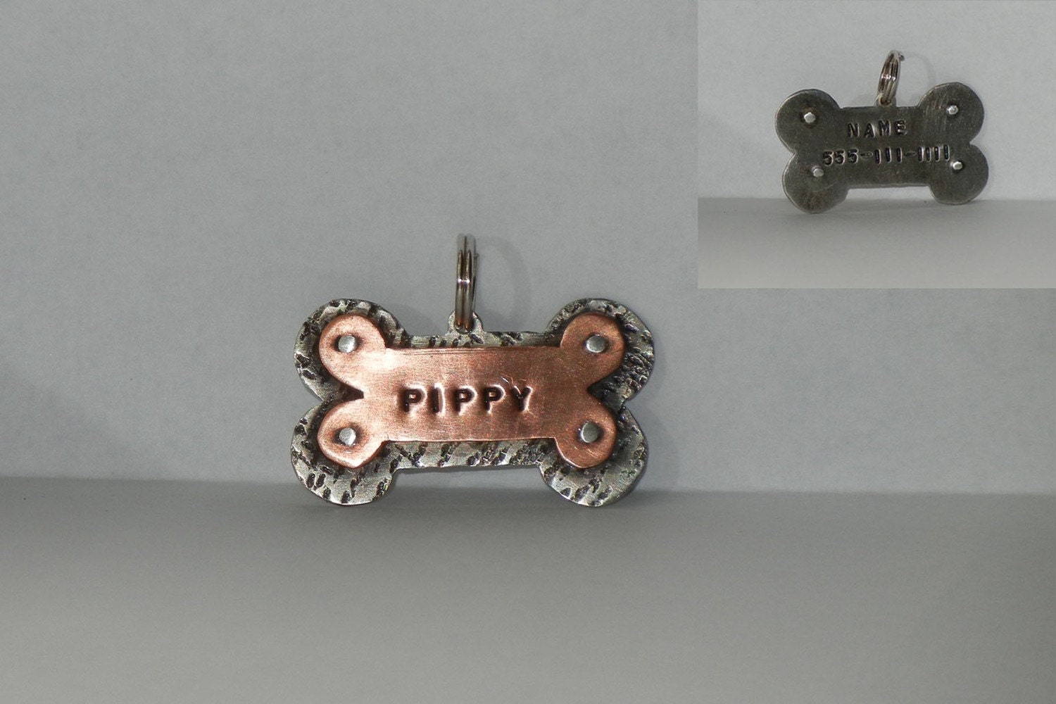 DOG BONE dog id pet tag. Custom stamped copper and silver double layer bone shaped name tag.