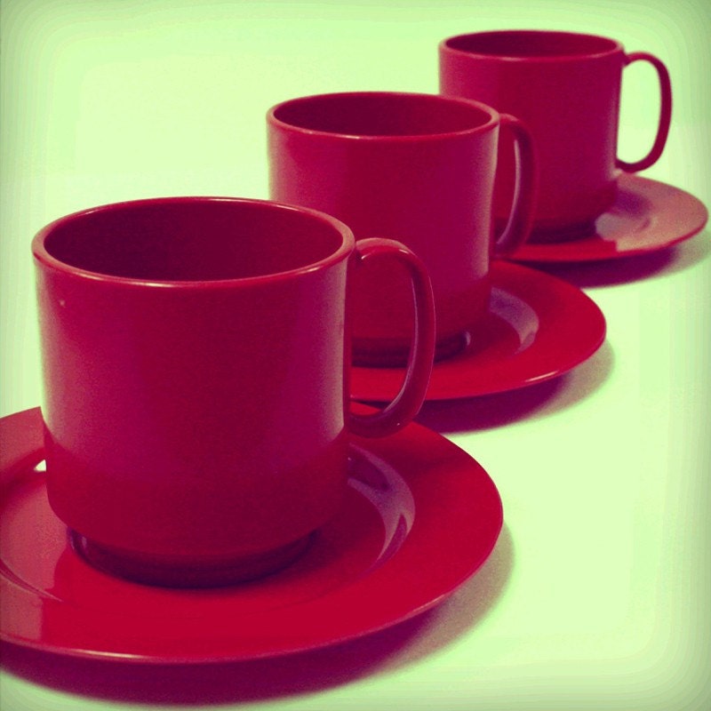 3 vintage red coffee cups and saucers melmac by OldCottonwood