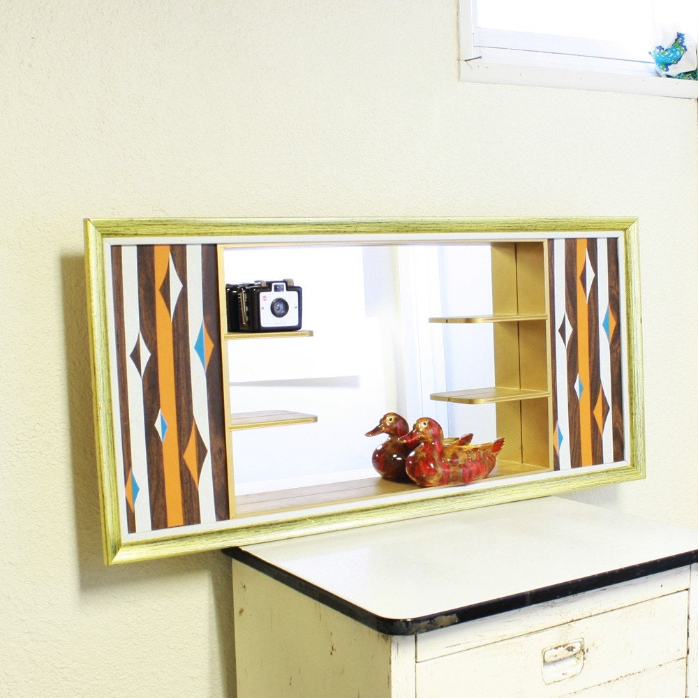 Vintage shadow box mirrored shelves wall by OldCottonwood