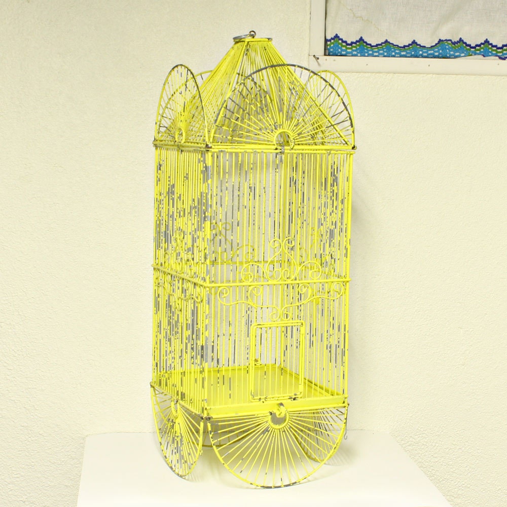 vintage bird cage - yellow - chippy paint - metal - hang or sit - decorative