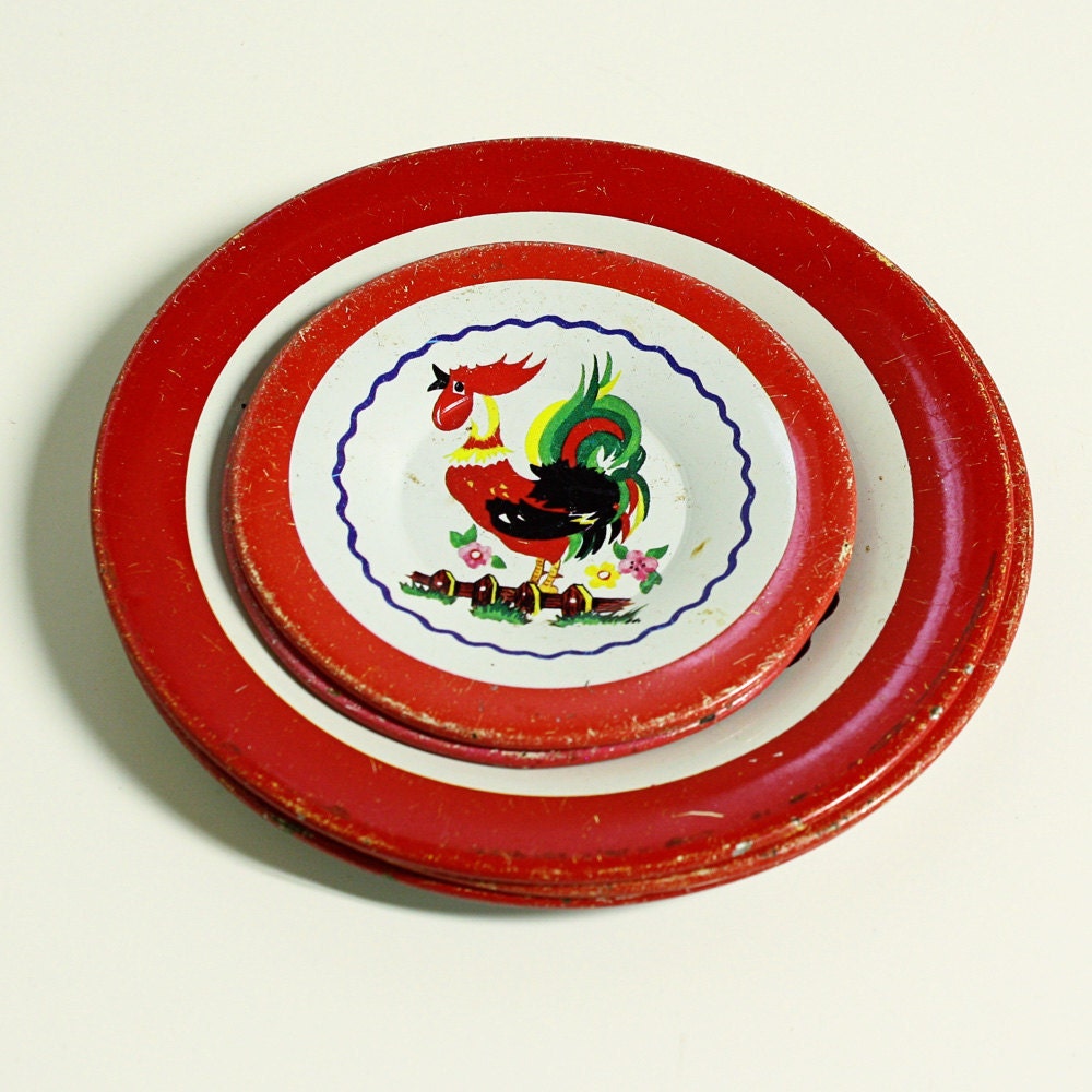vintage tin toy saucers plates - 5 - childrens - red roosters - instant collection