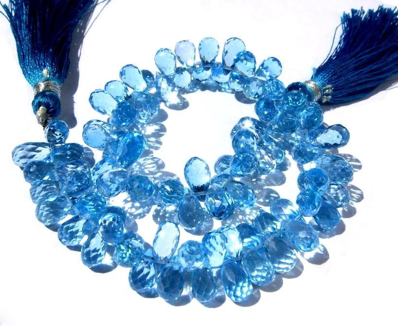 Full 8 Inches 90 Pieces of Outrageous, High Grade AAA Swiss Blue Topaz Faceted Drop Briolettes 8x5mm approx