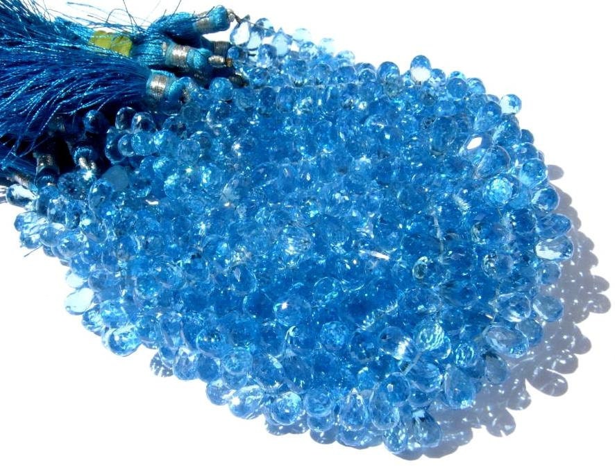 Full 8 Inches 90 Pieces of Outrageous, High Grade AAA Swiss Blue Topaz Faceted Drop Briolettes 8x5mm approx