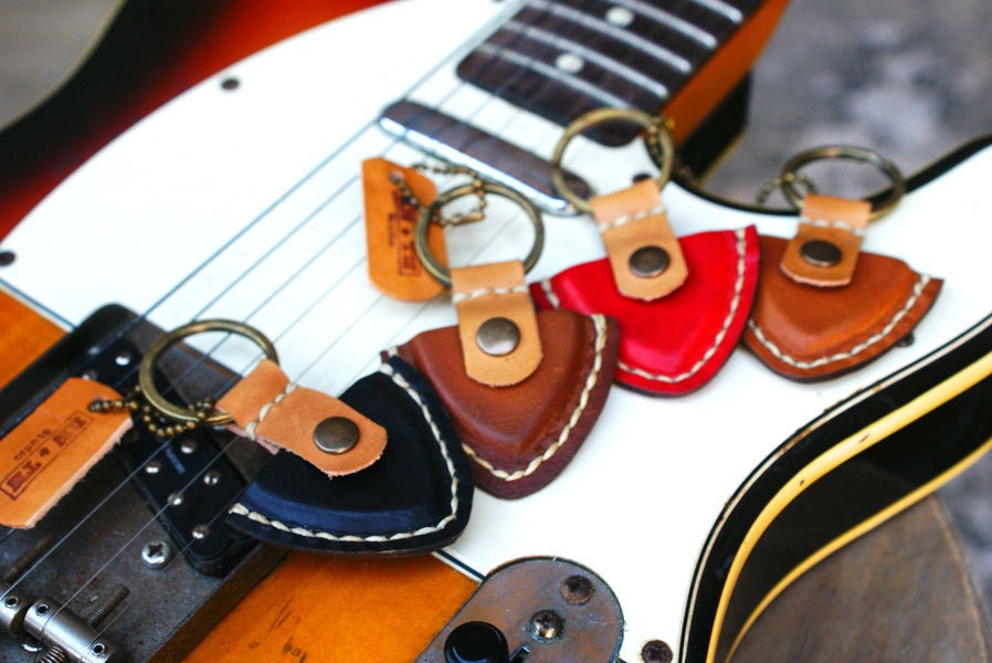 Guitar pick case leather keychain / Men Gift