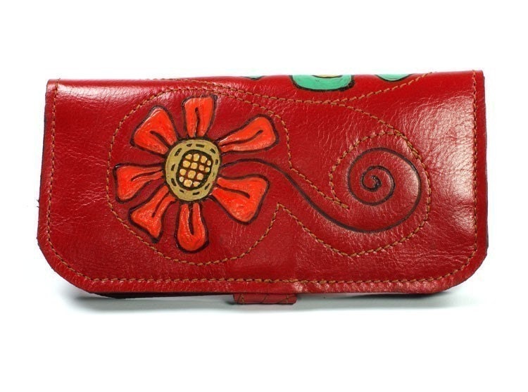 Wallet Leather - Jazzy Flowers with Red Mothers day gift