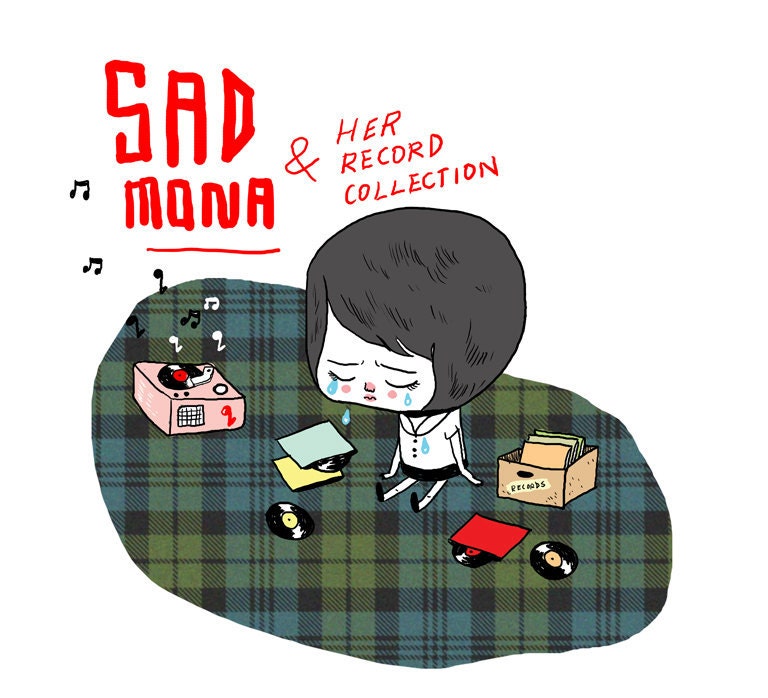 Sad Mona and her record collection - DIY paper craft 3D doll scene