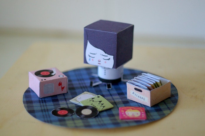 Sad Mona and her record collection - DIY paper craft 3D doll scene