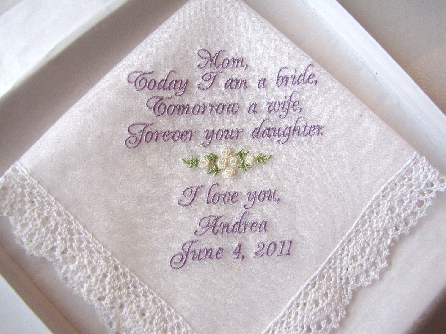 Mother of the Bride Personalized Wedding Handkerchief with rose detail