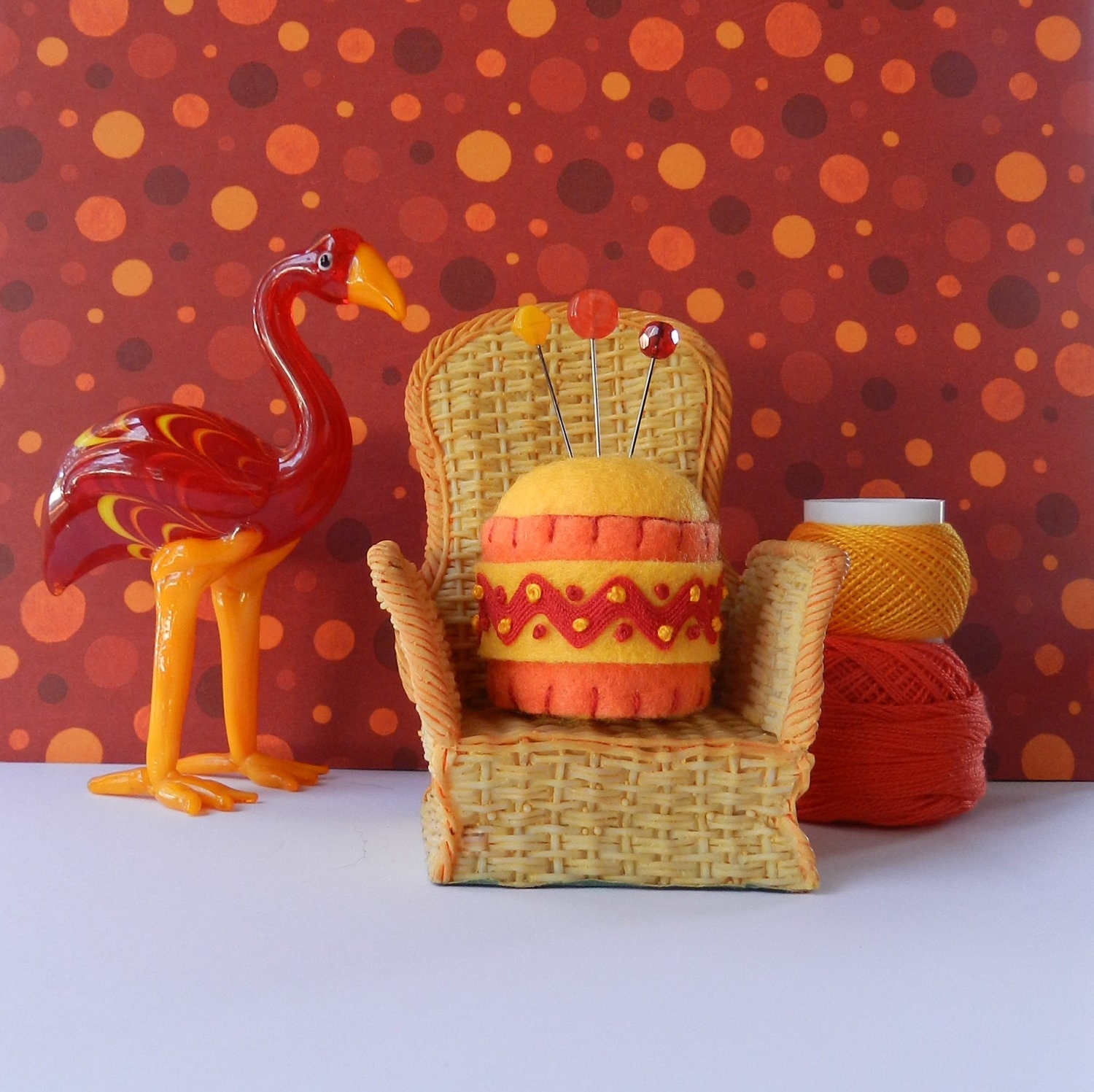 Orange, Yellow and Red Rick Rack Bottle Cap Pincushion