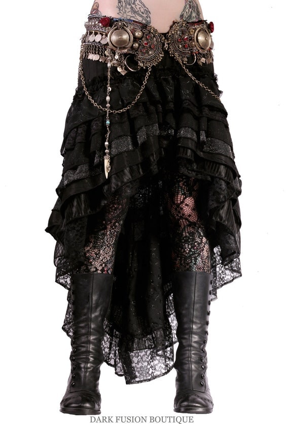 Mermaid Skirt, Black and Silver Stretch, Ruffles, Cabaret, Vaudeville, Steampunk, Vampire, Noir,Belly Dance