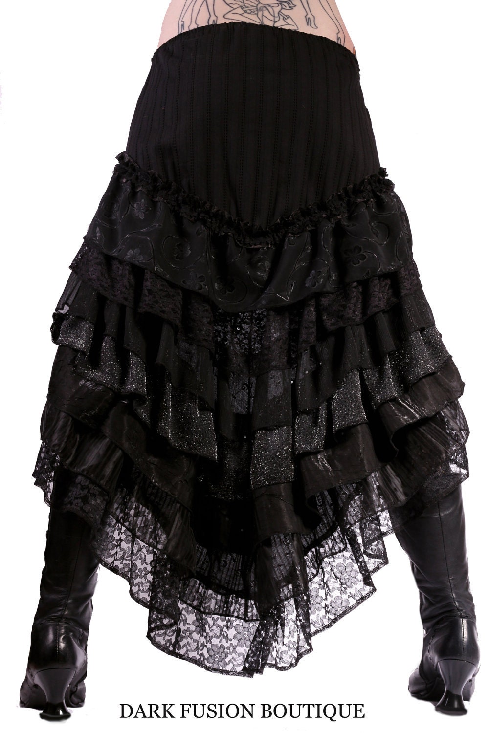 Mermaid Skirt, Black and Silver Stretch, Ruffles, Cabaret, Vaudeville, Steampunk, Vampire, Noir,Belly Dance