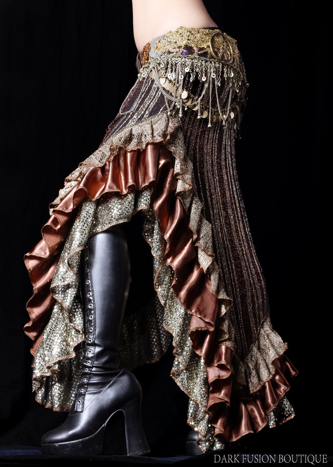Skirt, Brown, Black, and Gold Glitter with Ruffles, Cabaret, Vaudeville, Burlesque, Steam Punk, Noir, Gothic, Tribal, Belly Dance Costume