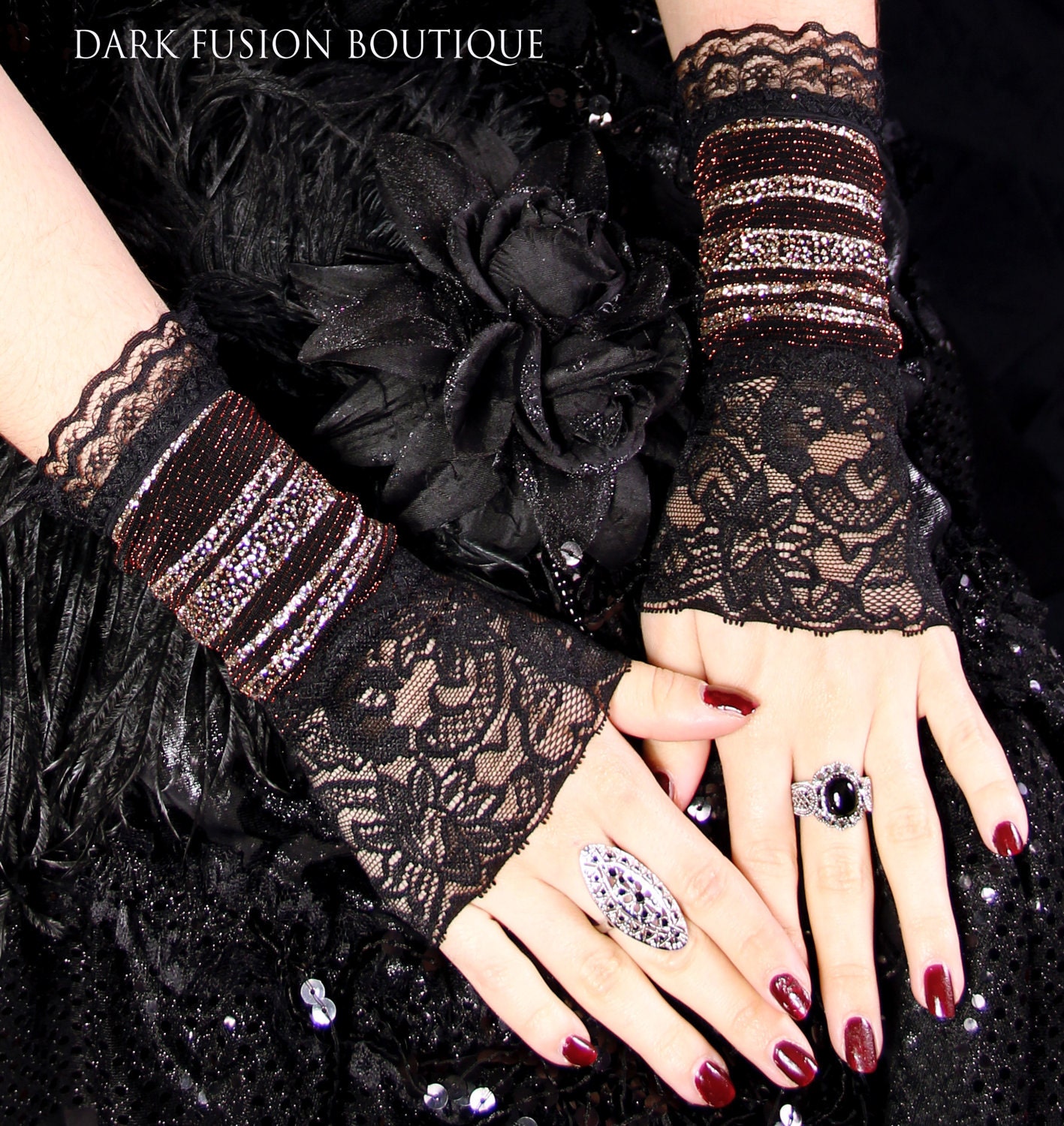 Armwarmers, Black, Brown, and Gold Glitter Stripe, Gauntlets, Cabaret, Circus, Noir, Goth, Fetish, Black, Vaudeville, Cabaret, Arm Warmers