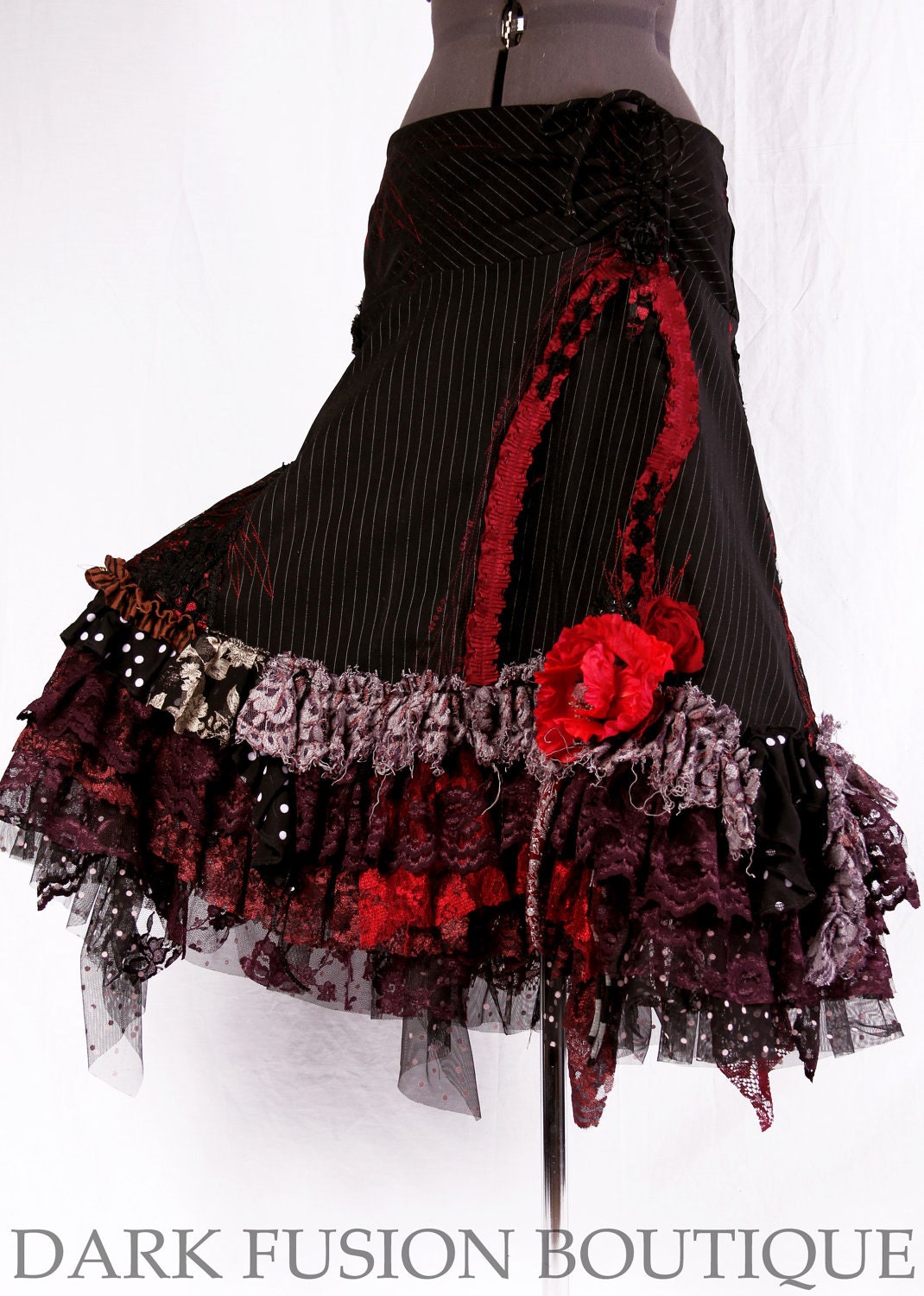 Skirt, Black, Red, Maroon Combo, Ruffles, Cabaret, Vaudeville, Steampunk, Stripes and Polka Dots, Noir, Gothic, Dance