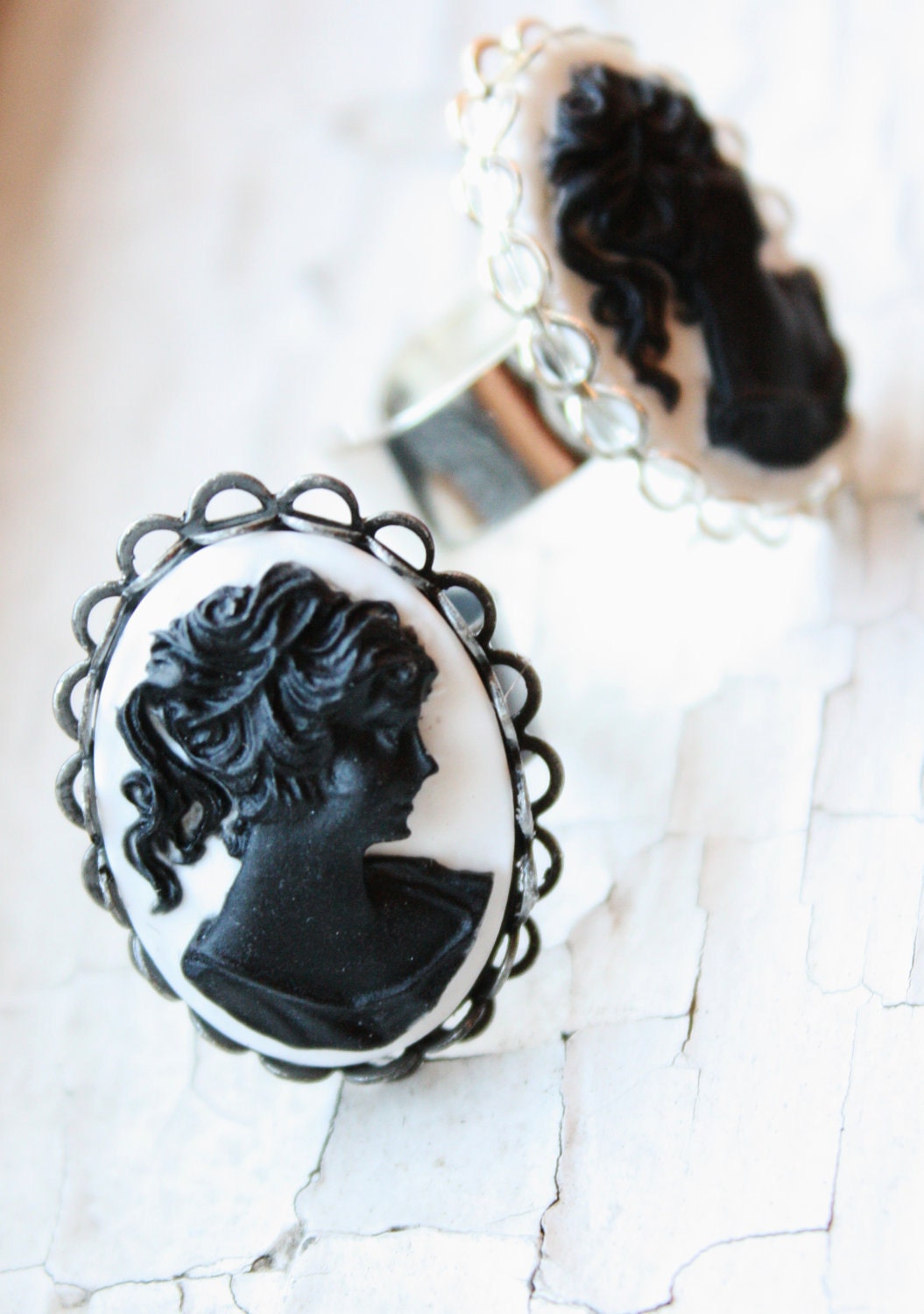 Black and White Victorian Cameo Ring in Gunmetal