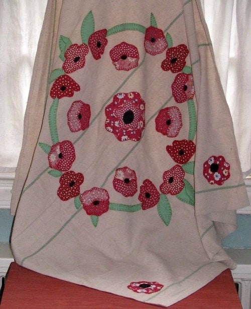 vintage flour sack poppy design table cloth runner