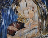 mother and child blue rain art print - Undiluted - archival signed 12x12 blonde motherhood print