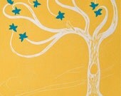 Dreaming Tree (yellow with blue) linocut print by Michelle Han
