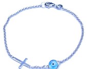 925 Sterling Silver Sideways Cross and Blue Glass Evil Eye Celebrity Bracelet