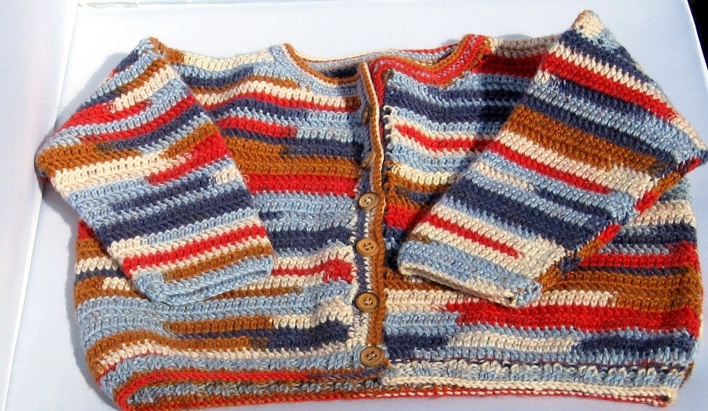 All American - 75 percent Superwash merino wool / 25 percent nylon 6-9 month hand crocheted baby jacket