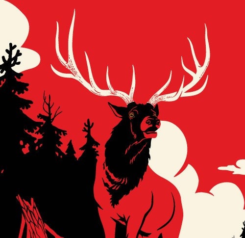 Elk with large antlers in pine tree forest landscape - Giclee Print