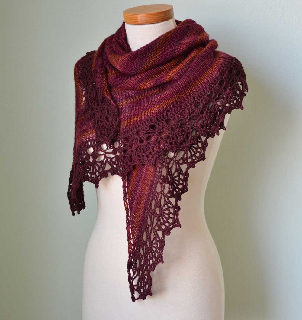 Red knitted shawl with crochet lace trim red burgundy oxblood E428